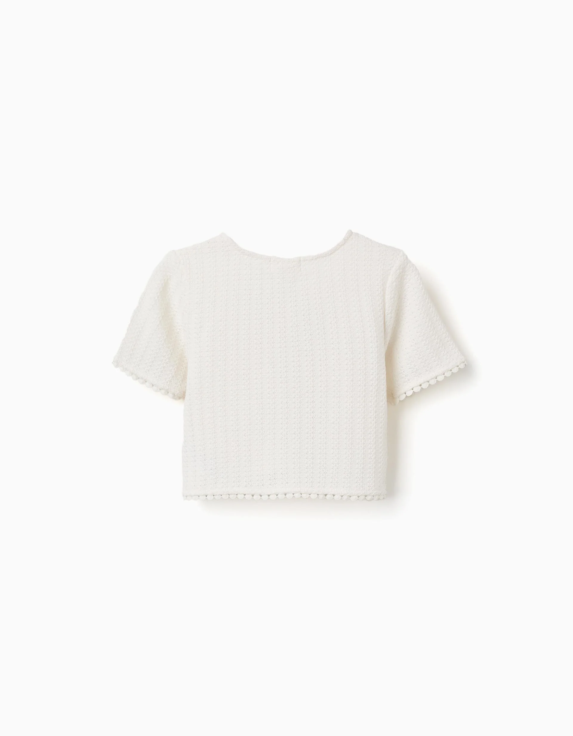 Knitted T-shirt with crochet lace trim for girls, white