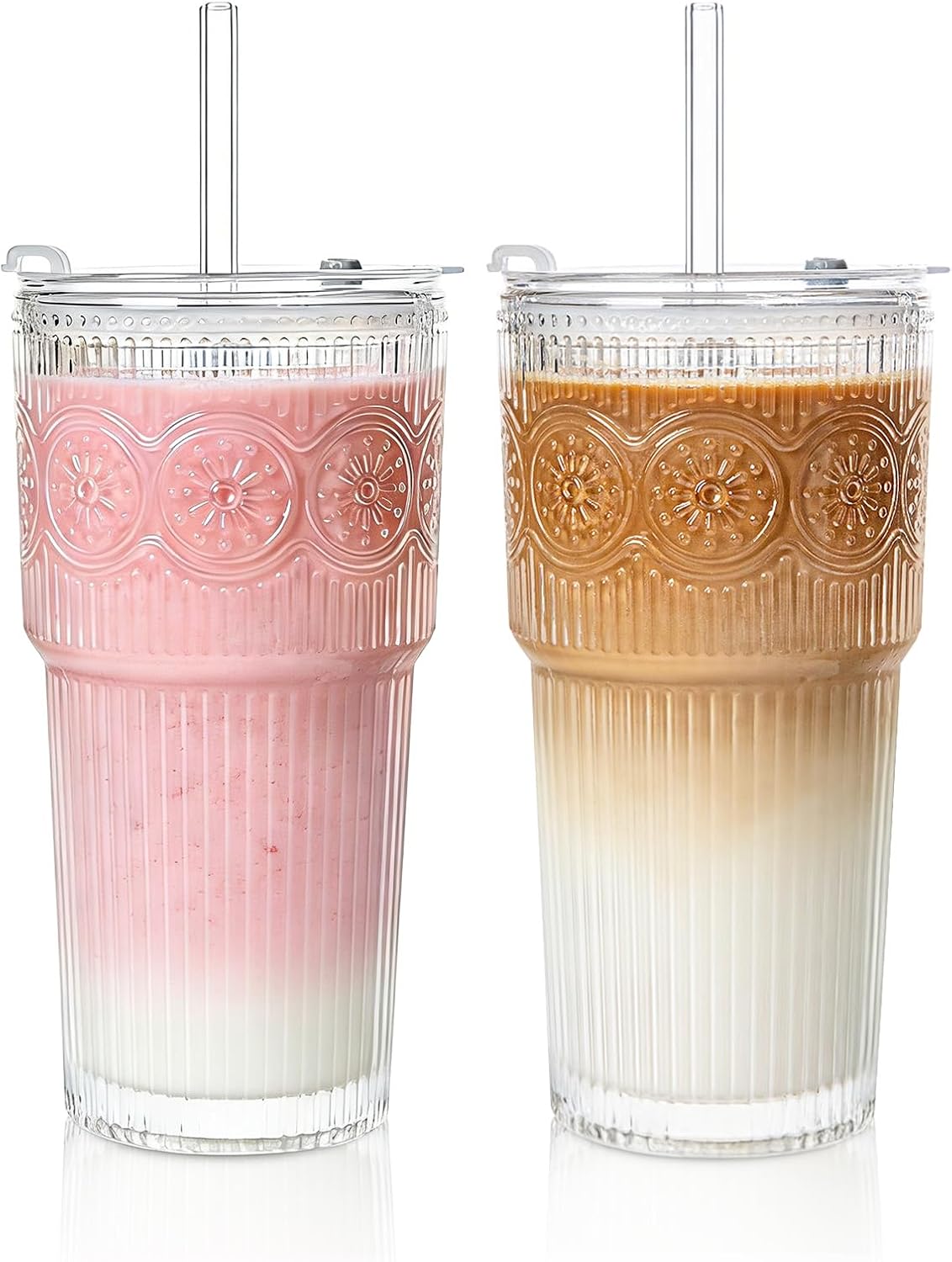 20oz Ribbed & Floral Glass Tumbler Set of 2  Reusable Glass Cups with Lid and Glass Straw  Iced Coffee Cups for Water  Smoothie  Milk  Cocktail & More  Perfect for Daily Use & Travel