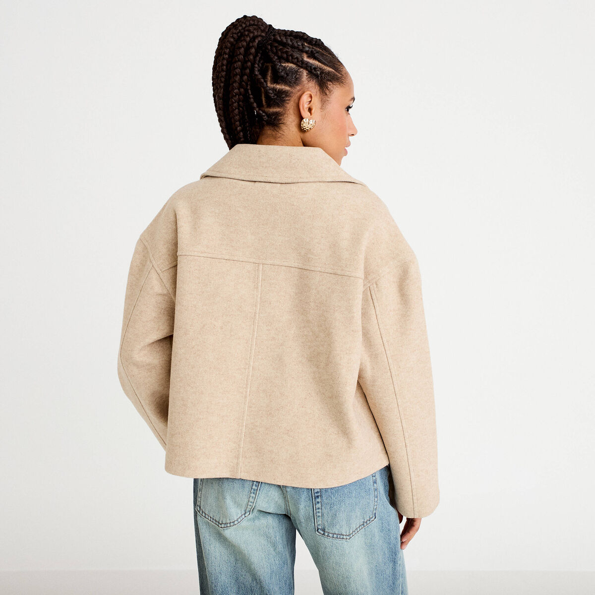 Caban court oversize col tailleur beige femme