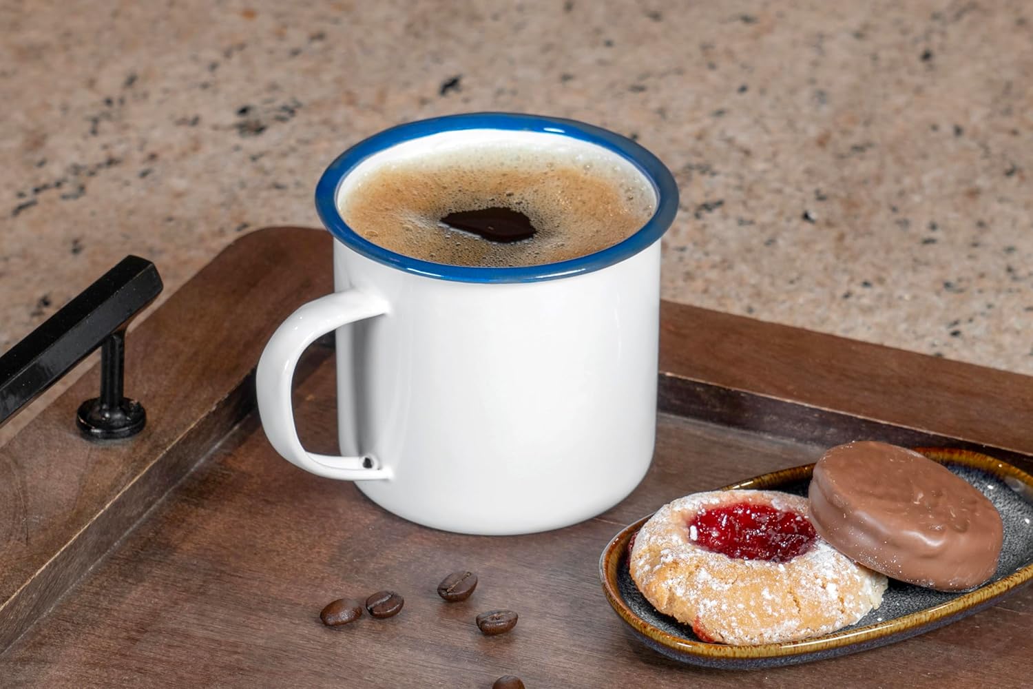 Set of 6 Enamelware Metal Medium Classic 12 Oz Round Coffee and Tea Mug with Handle  Solid White/Navy Blue Rim