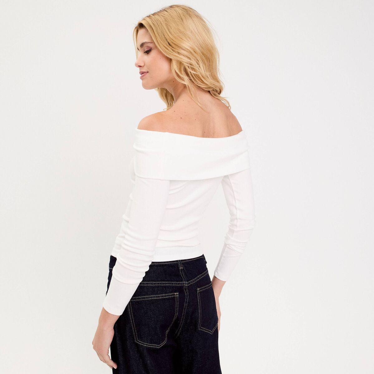 T-shirt côtelé manches longues ecru femme