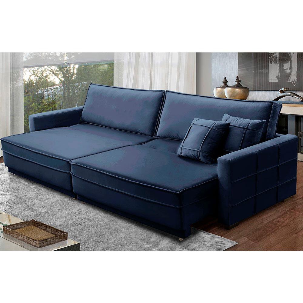 Sofá Retrátil e Reclinável 2,10m Karina Veludo Azul Rover & Beato