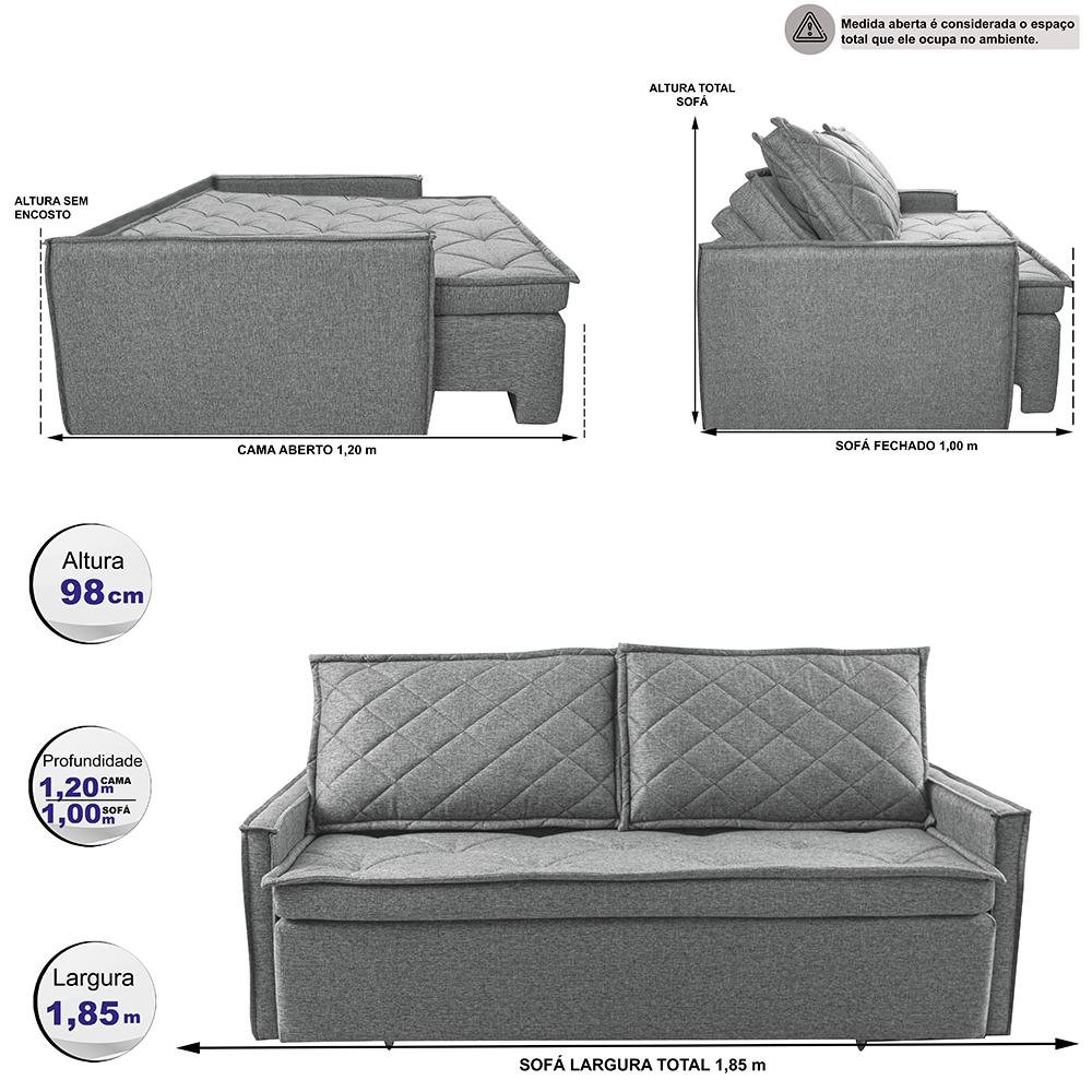 Sofá Sem Caixa Retrátil e Reclinável 1,85m Cama inBox Loft Linho Cinza Claro