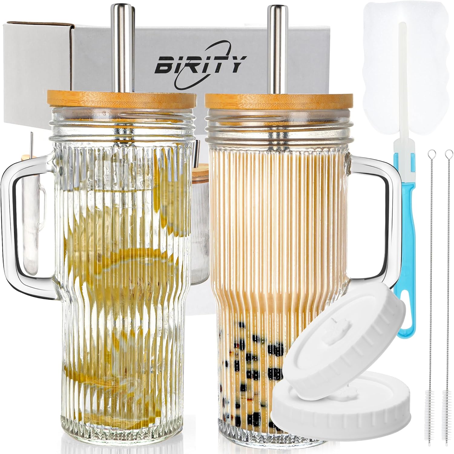 24oz Ribbed Glass Cup with Lids and Straws 2Pack Glass Tumbler with Handle Reusable lced Coffee Cups with lids-Glass Cups with Lids Mason Jar Cup for Smoothie Coffee Juice Water Tea Travel Mug