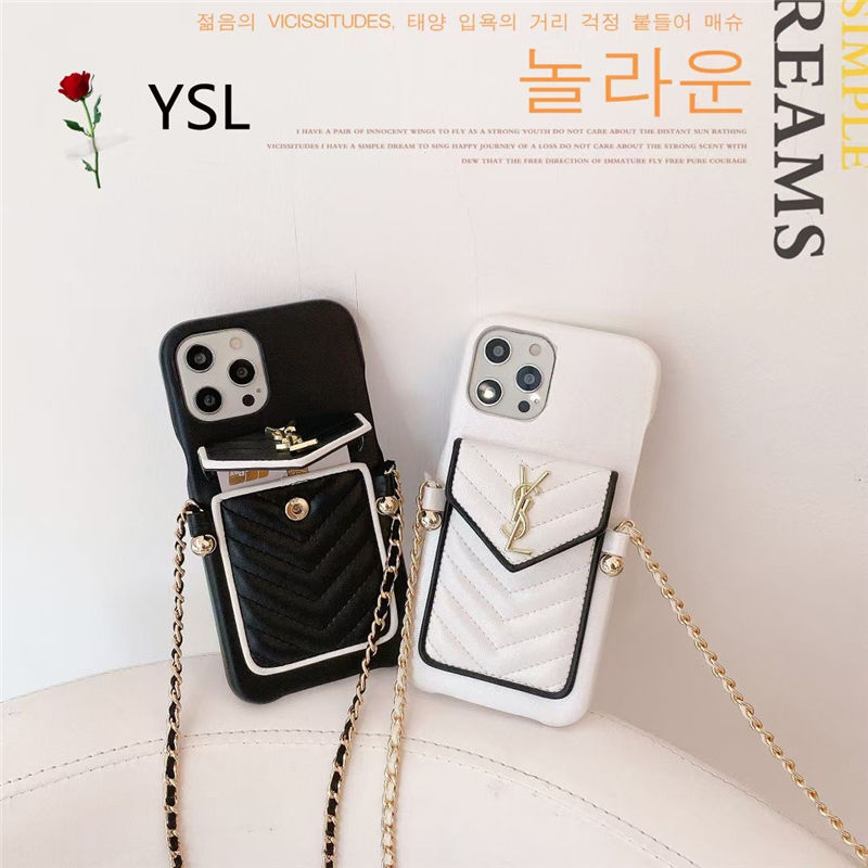 サン ローラン iphone16/16pro/16pro max ケース 背面収納 yslパロディ iphone15/14pro/13/12 ケース ショルダーチェーン スマホケース 11 大人 女子