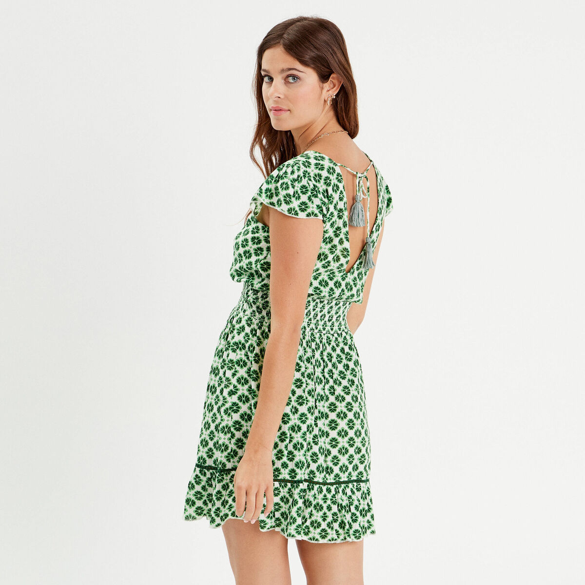 Robe évasée taille smockée vert femme
