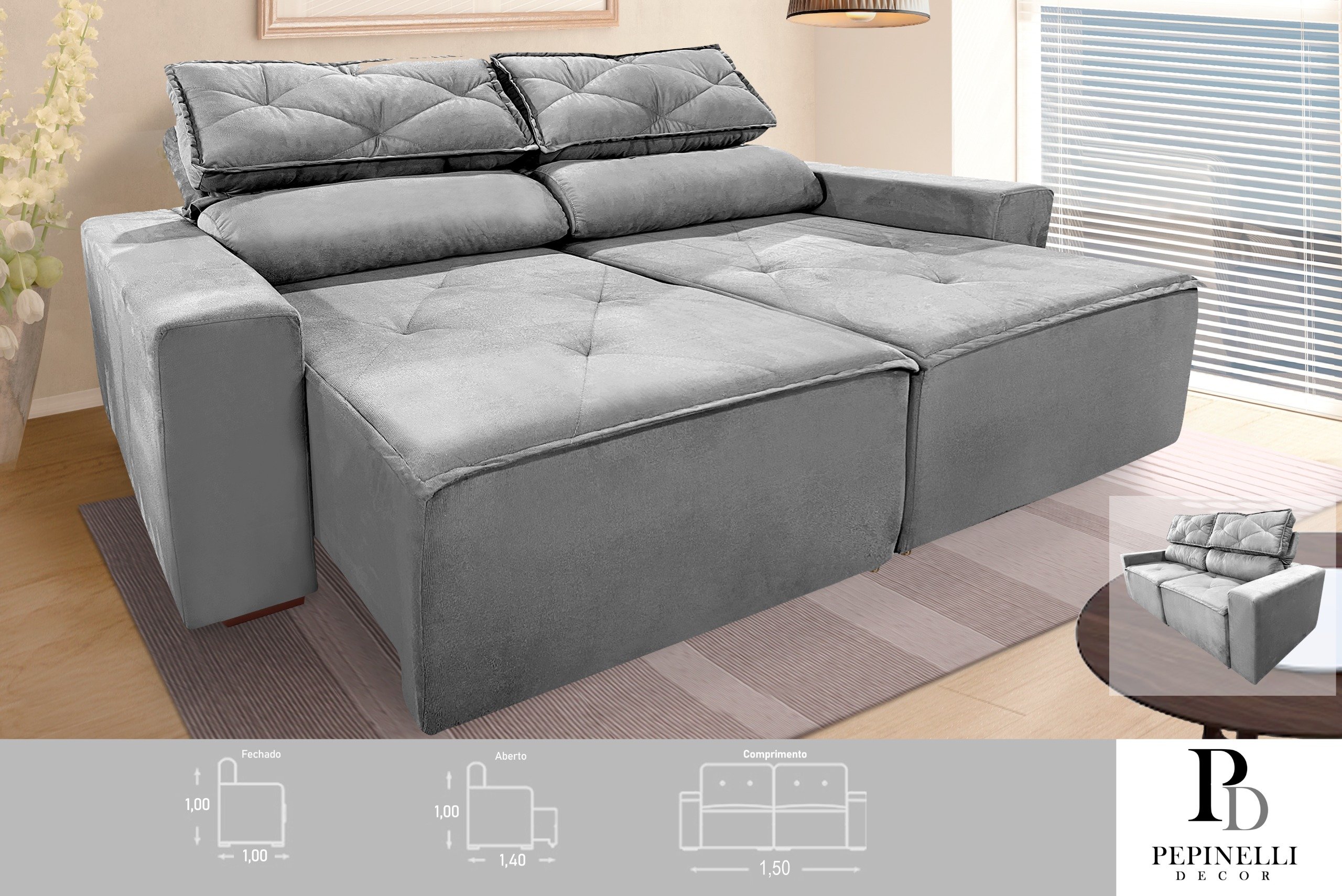 Sofá Retrátil e Reclinável 1,50m com Molas – Conforto e Design Moderno