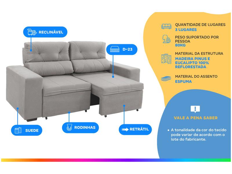 Sofá Retrátil Reclinável 3 Lugares Suede