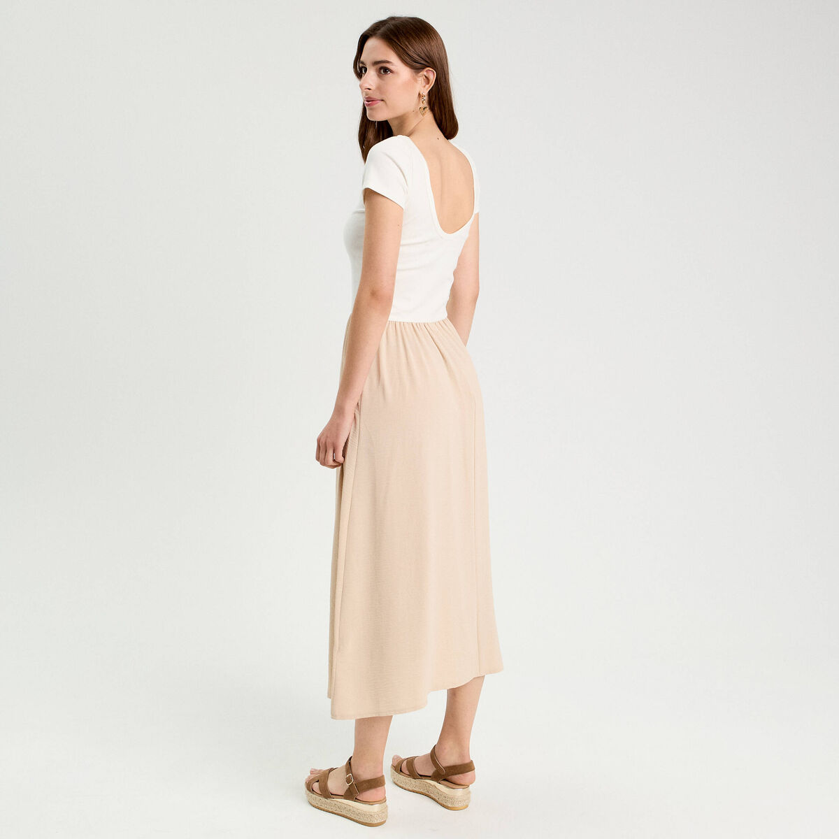 Robe longue évasée 2-en-1 beige femme