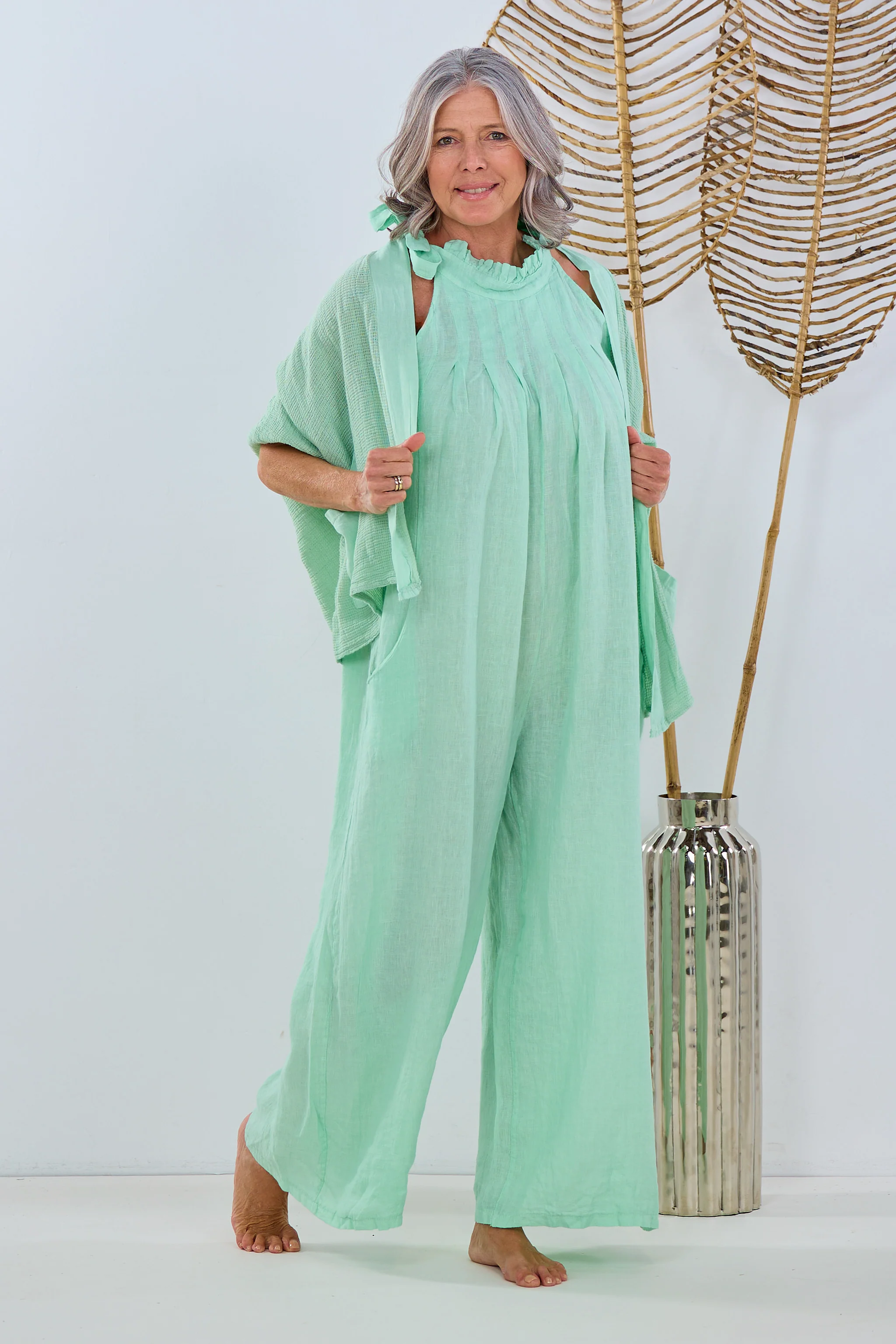 Leinen Overall mit Schleife, mint