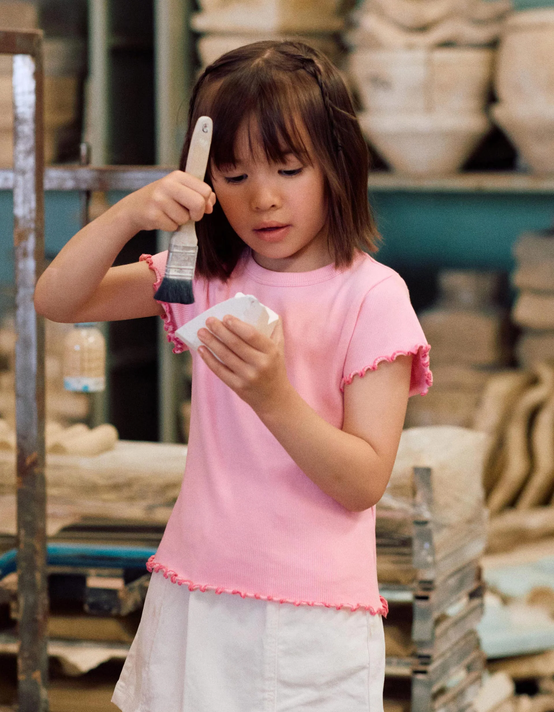 Cotton ribbed T-shirt with wavy ends for girls, pink