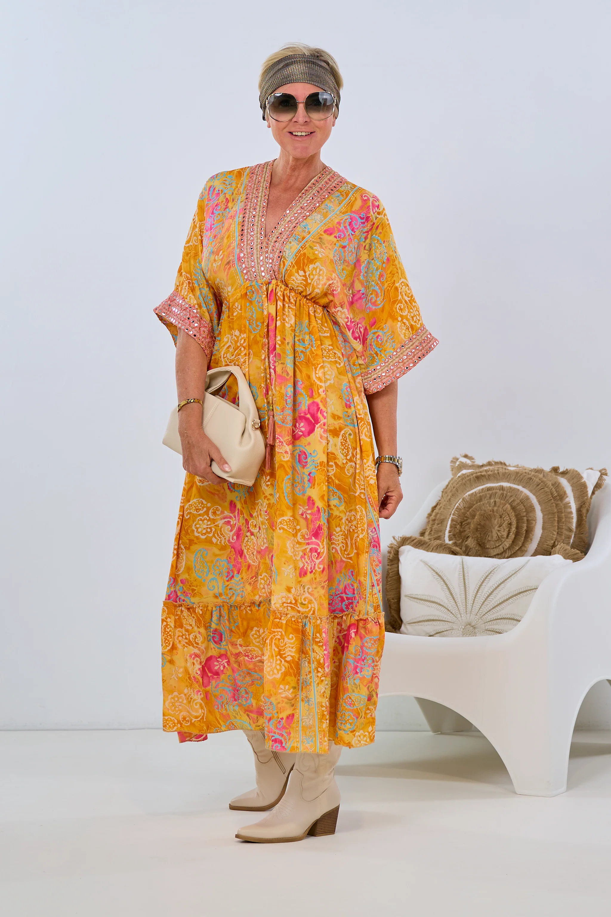Langes Kleid im Boho-Style, orange-pink