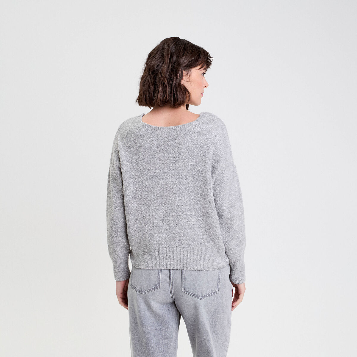 Pull manches longues col en V gris clair femme