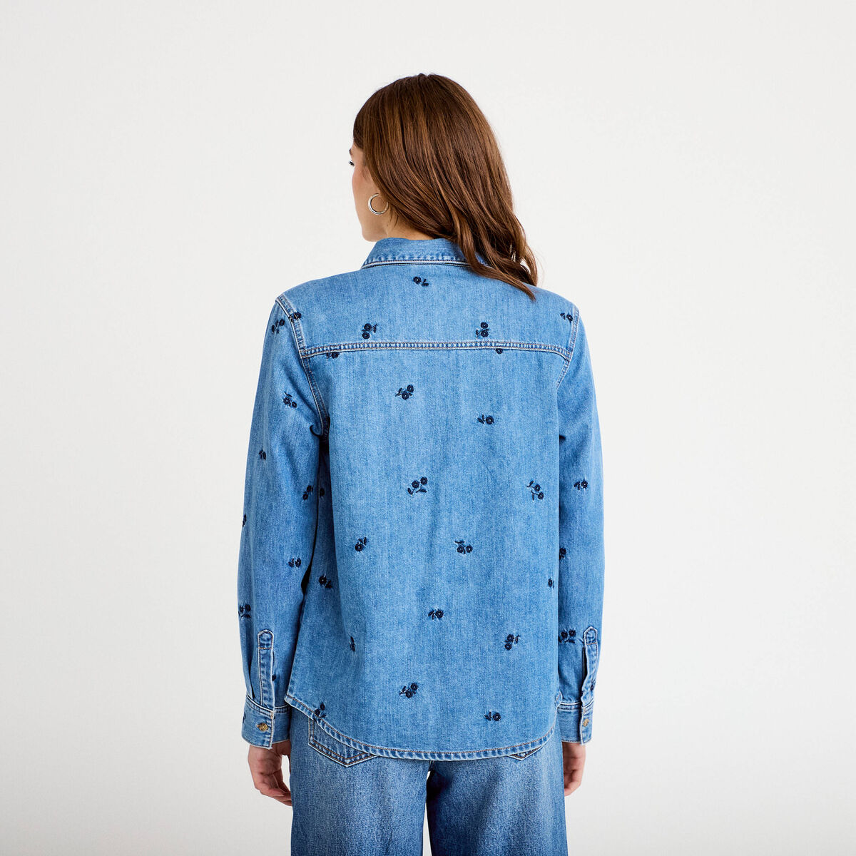 Chemise droite courte manches longues bleu femme