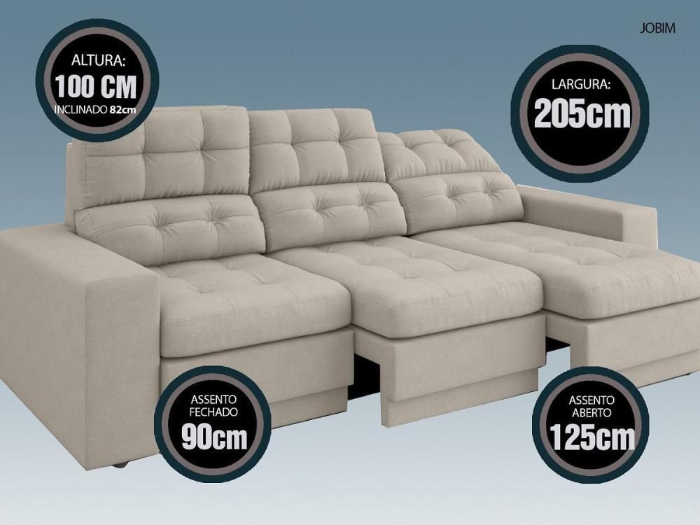 Sofá Jobim 2,05m Assento Retrátil e Reclinável Velosuede - Netsofas - Areia