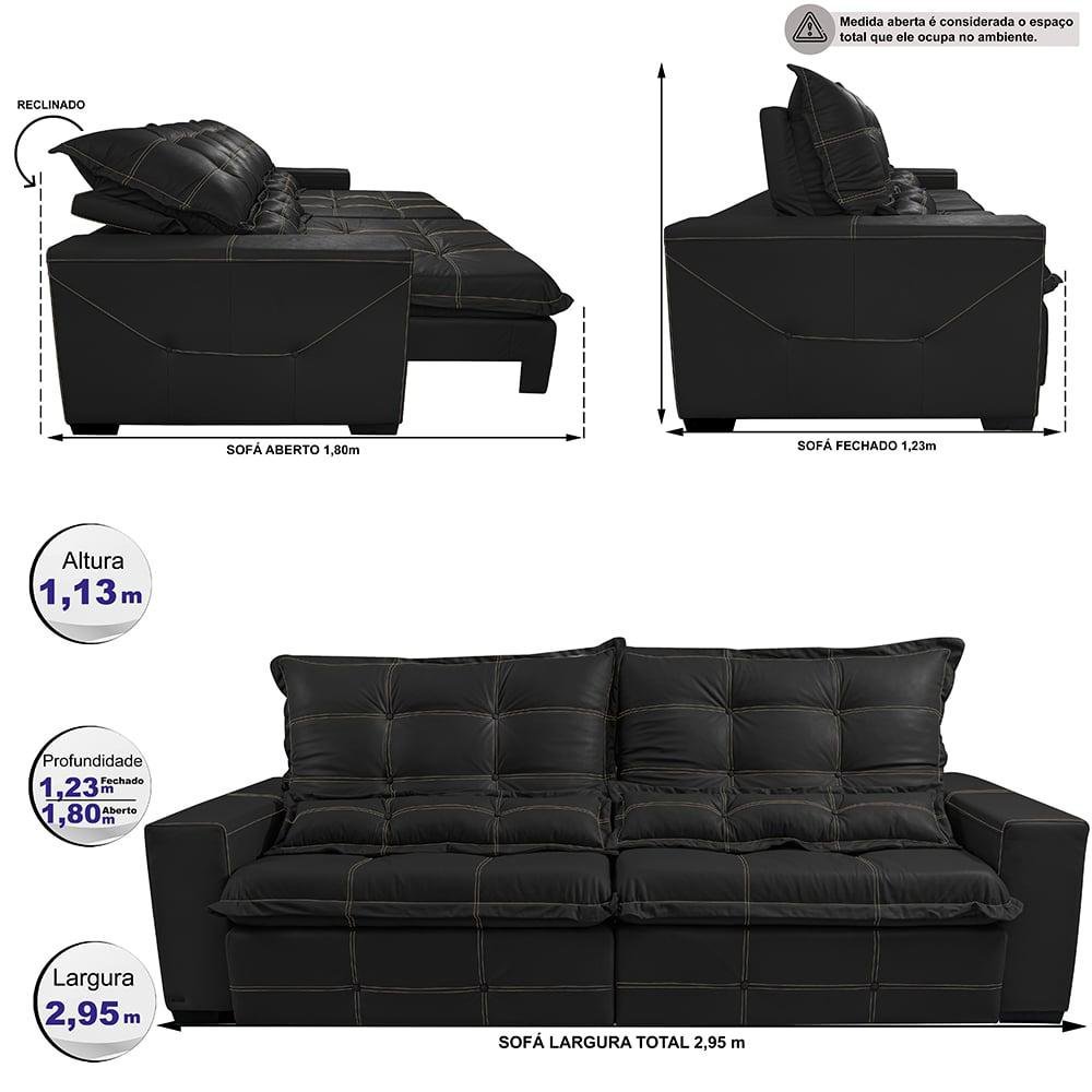 Sofá de Courino Retrátil e Reclinável 2,95m Cama inBox Bourbon SoftGel D40 Preto