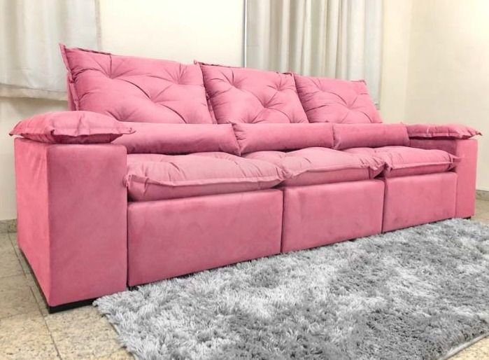 Sofá Retrátil e Reclinável 2,70m em Tecido Veludão C/pillow Nos Braços Athenas:rosa/270cm