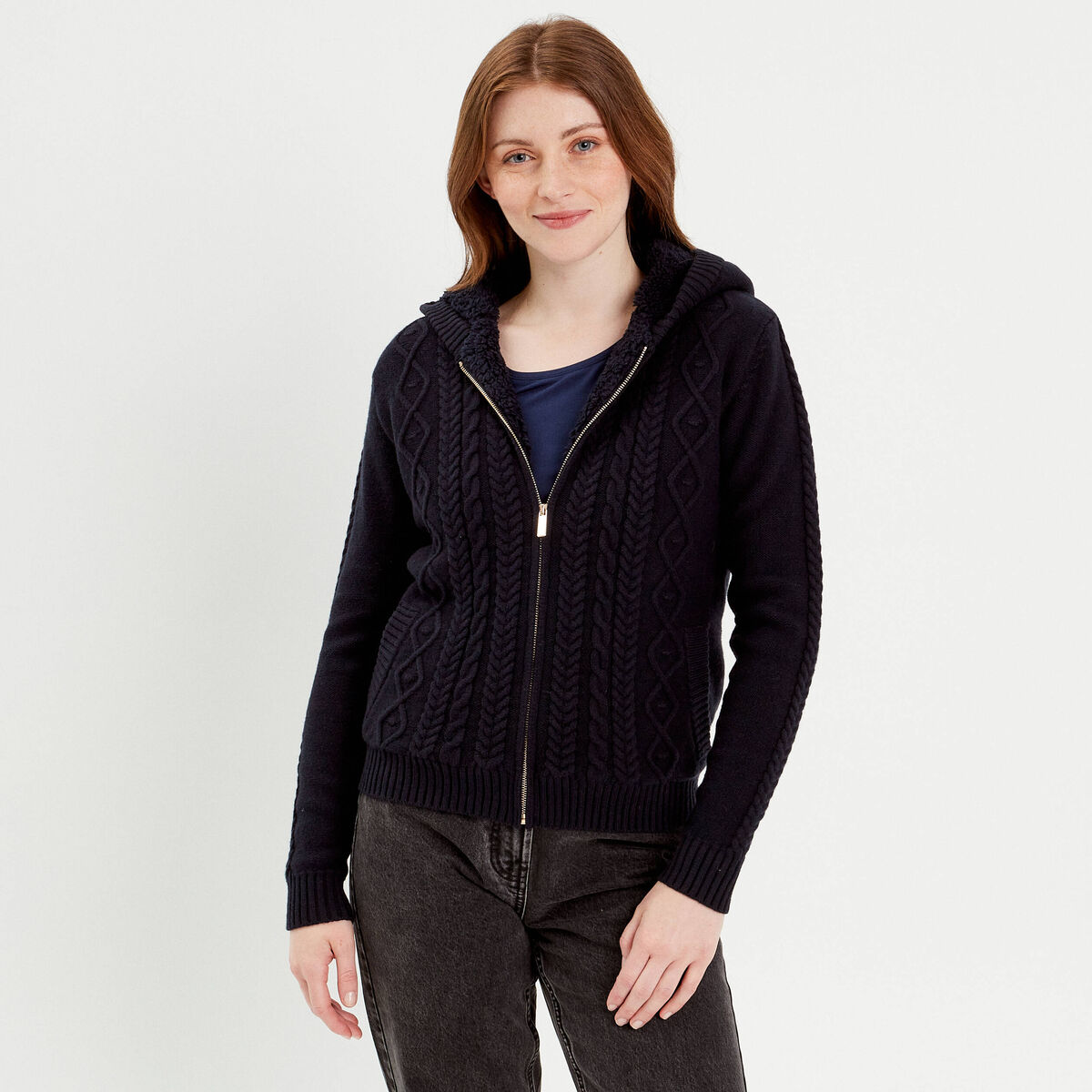 Gilet à capuche zippé bleu marine femme