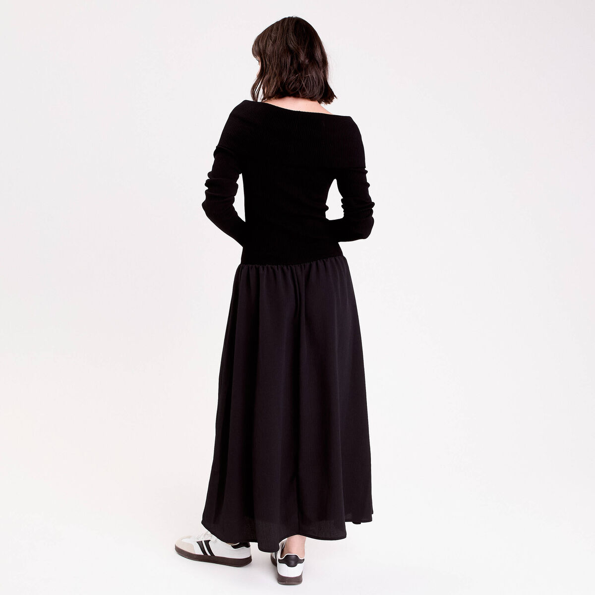 Robe longue effet 2-en-1 col bardot noir femme