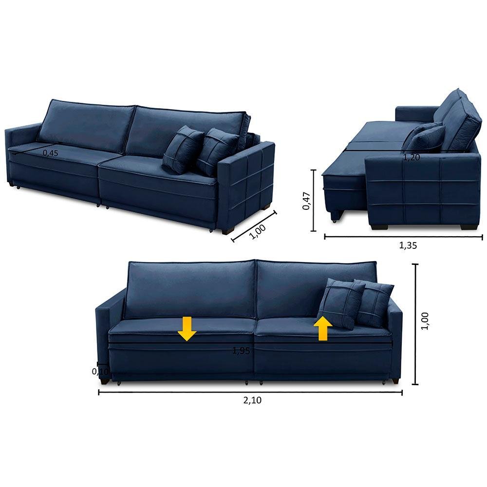 Sofá Retrátil e Reclinável 2,10m Karina Veludo Azul Rover & Beato
