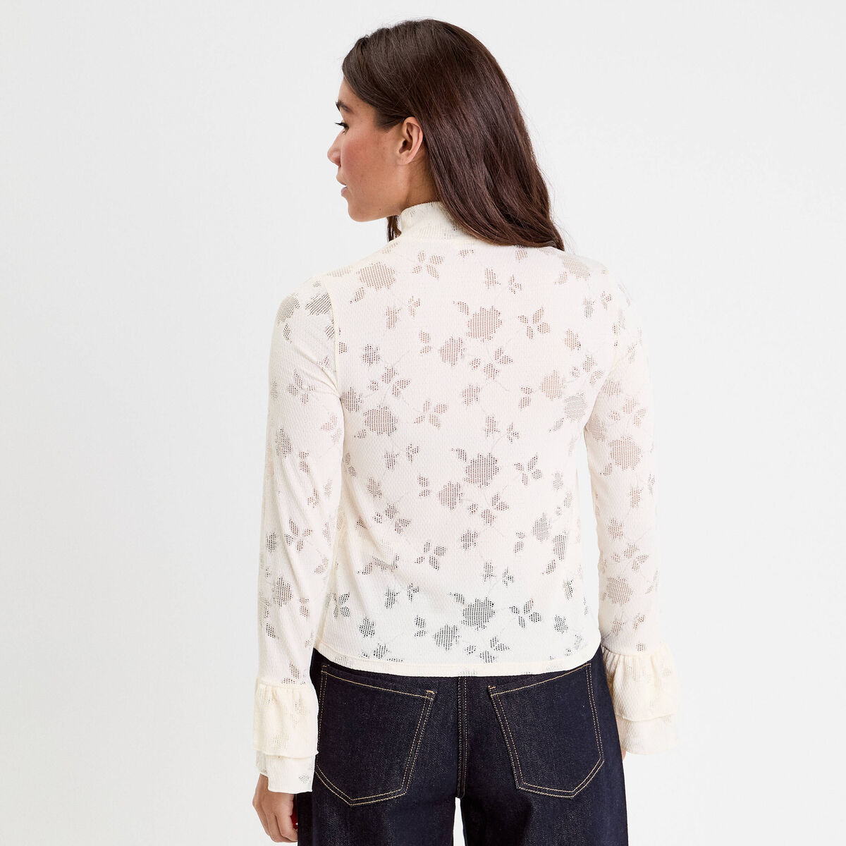 Blouse ajourée col montant dentelle ivoire femme
