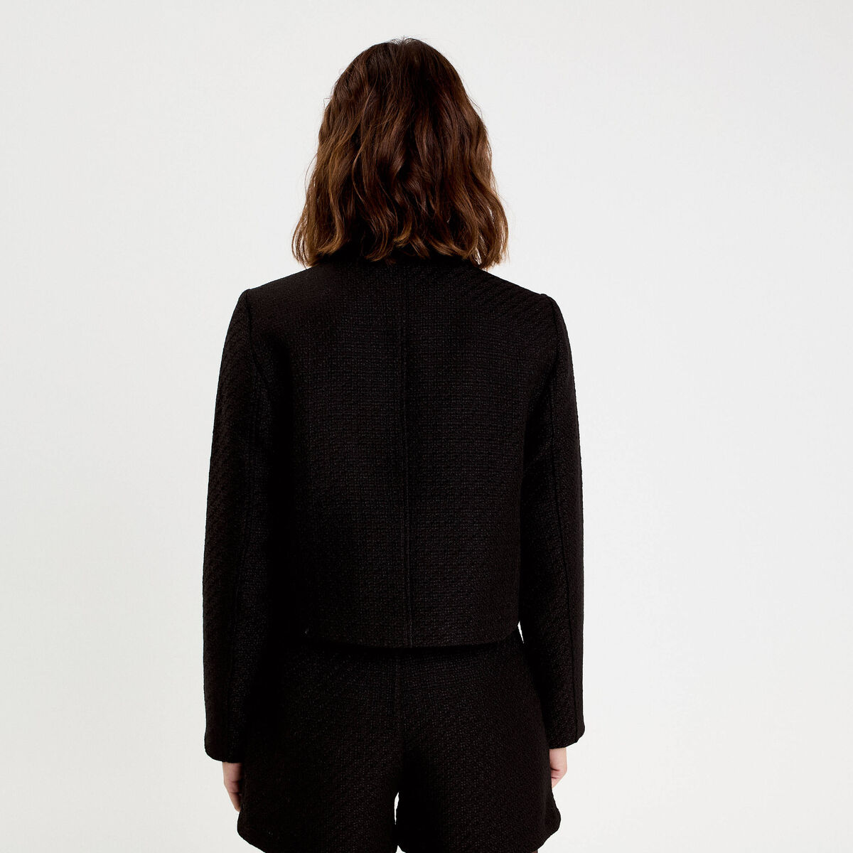 Veste droite cropped en tweed noir femme