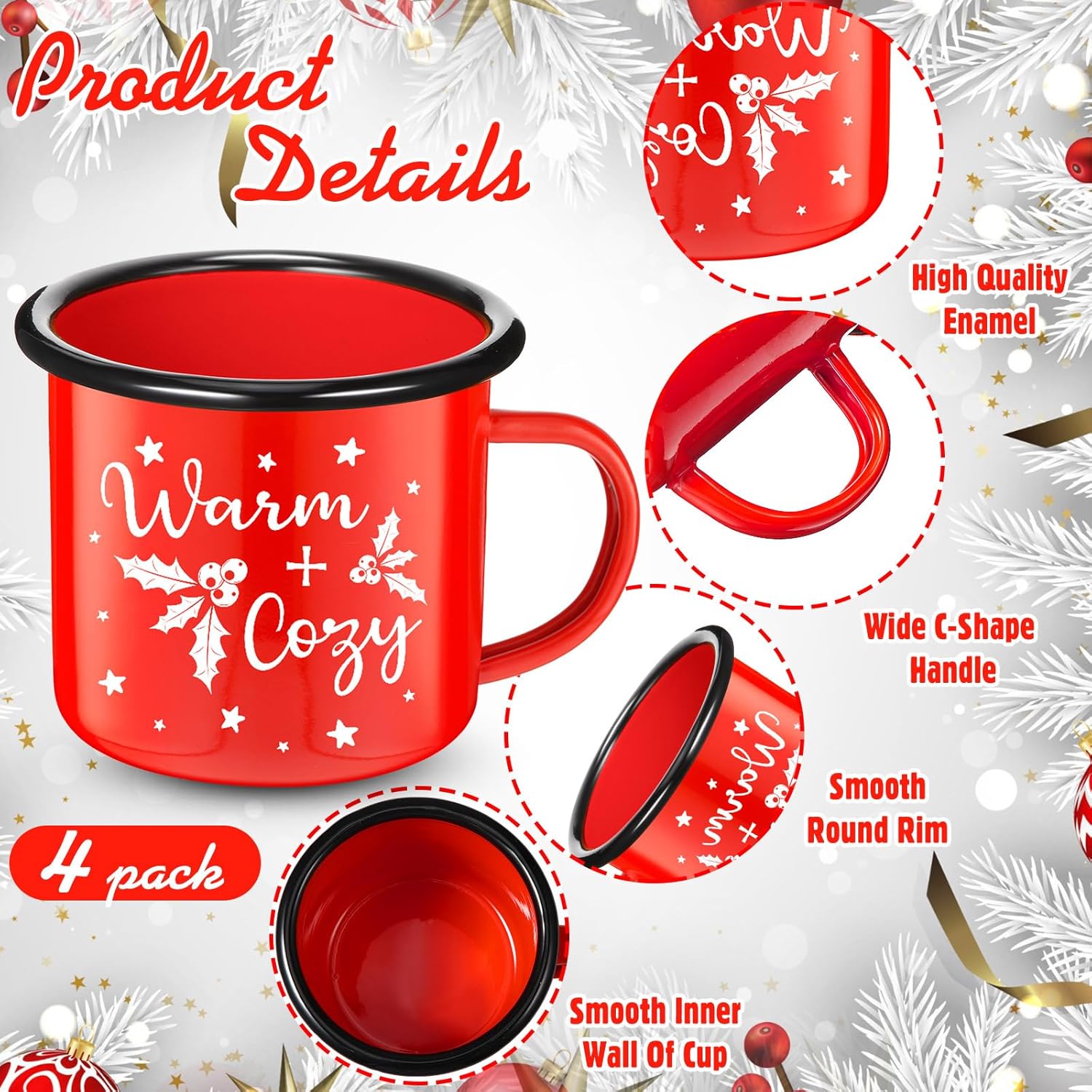 4 Pack Christmas Gifts Enamel Mugs Warm and Cozy Enamel Tea Cups Merry and Bright Coffee Mugs Seasonal Holiday Cup for Women Coworkers  12 Ounce Vintage Camping Cups(Bright Style)