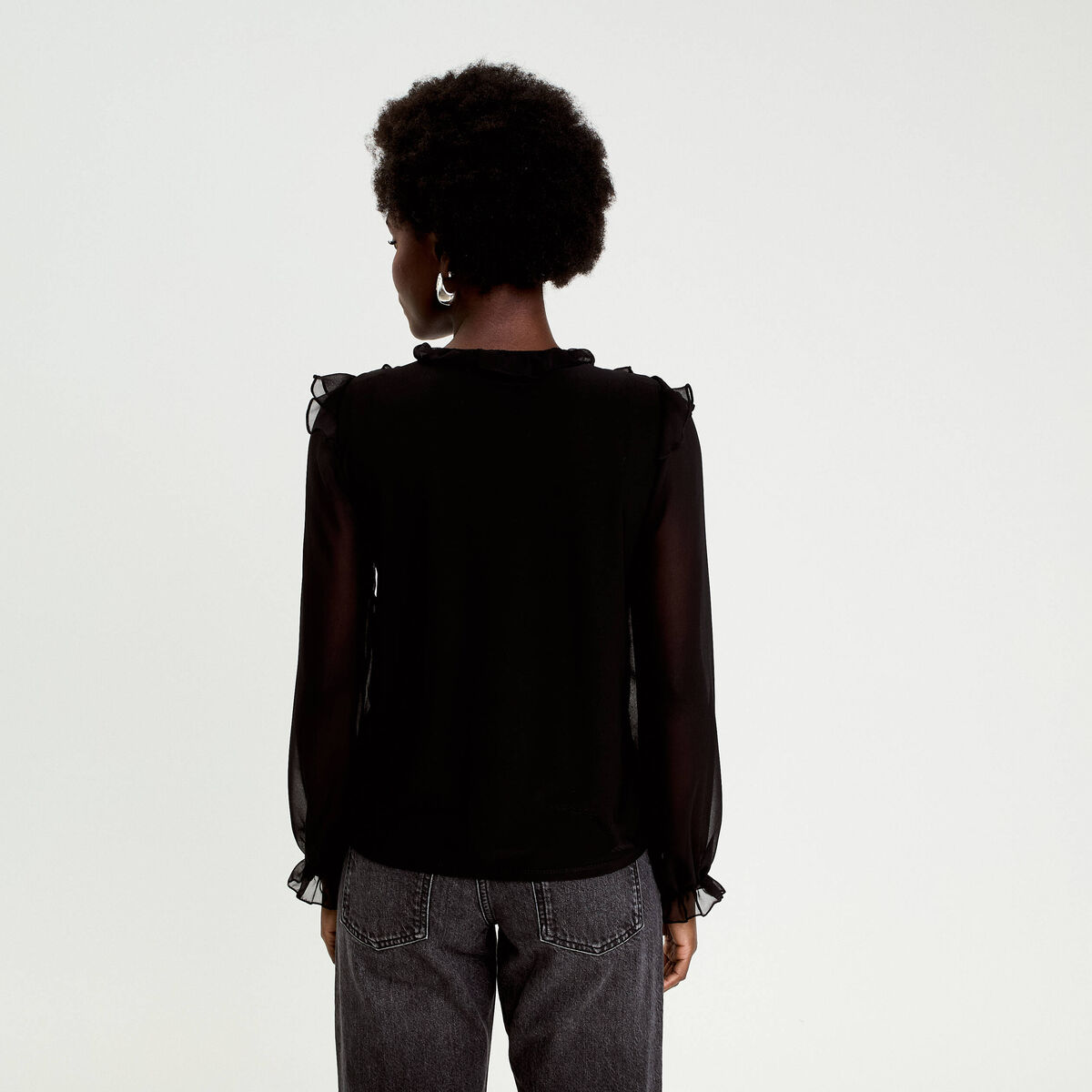 Blouse col v manches longues noir femme