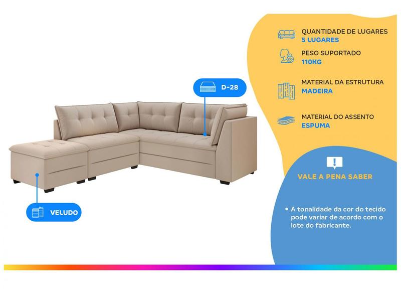 Sofá de Canto 5 Lugares com Puff Veludo Benfica Besthouse