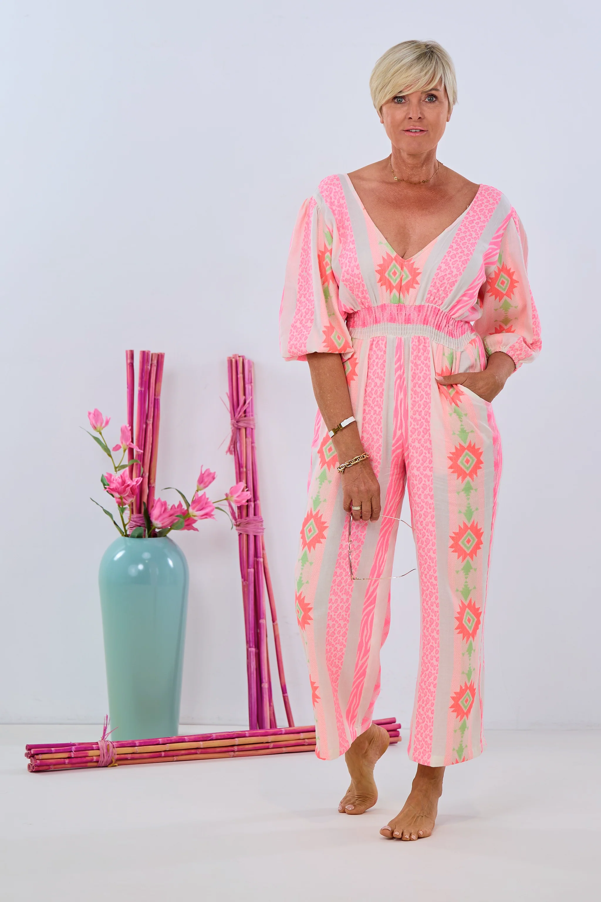 Jumpsuit mit gewebtem Muster, pink-creme-lindgrün