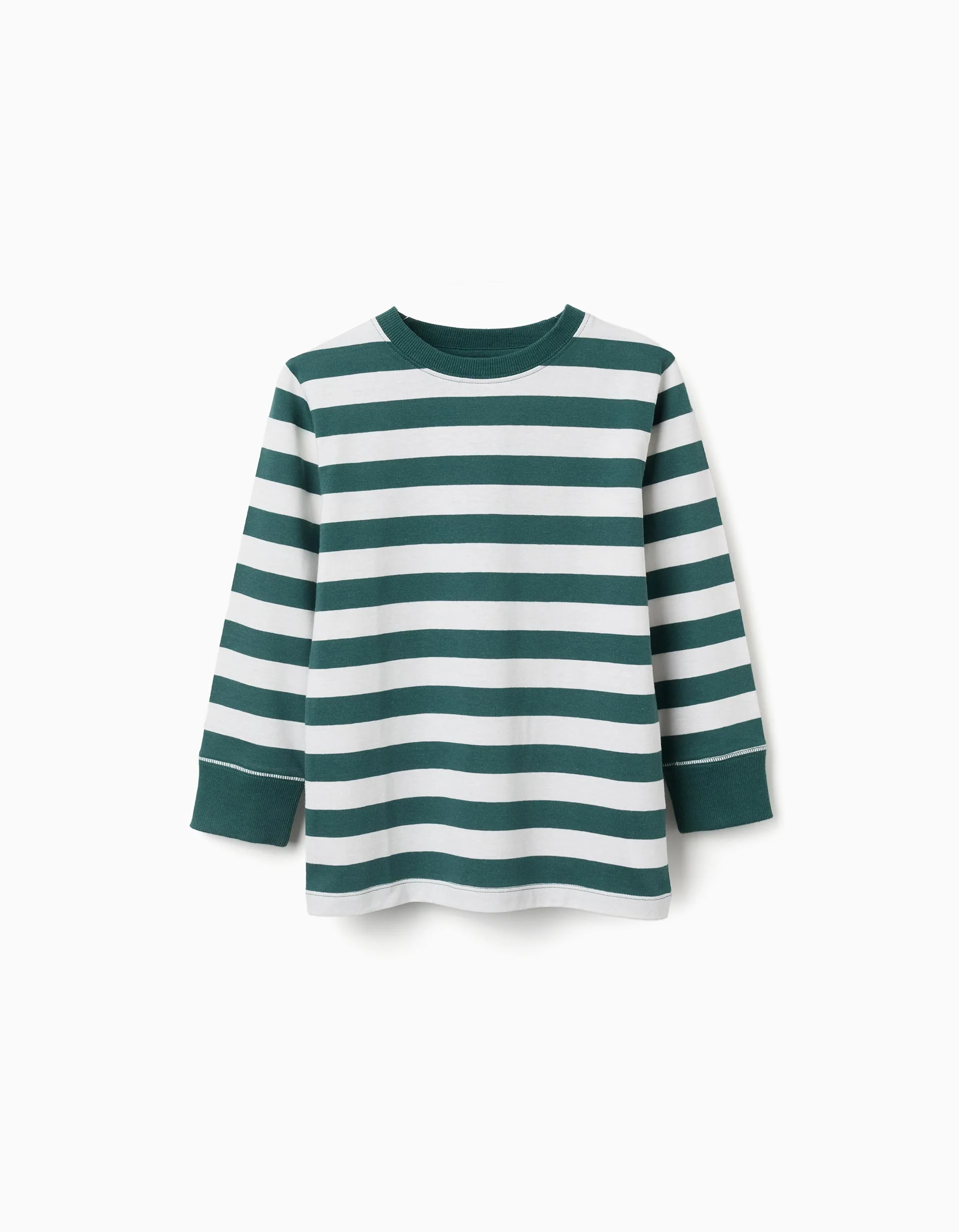 Long sleeve cotton T-shirt with stripes for boys, white/green