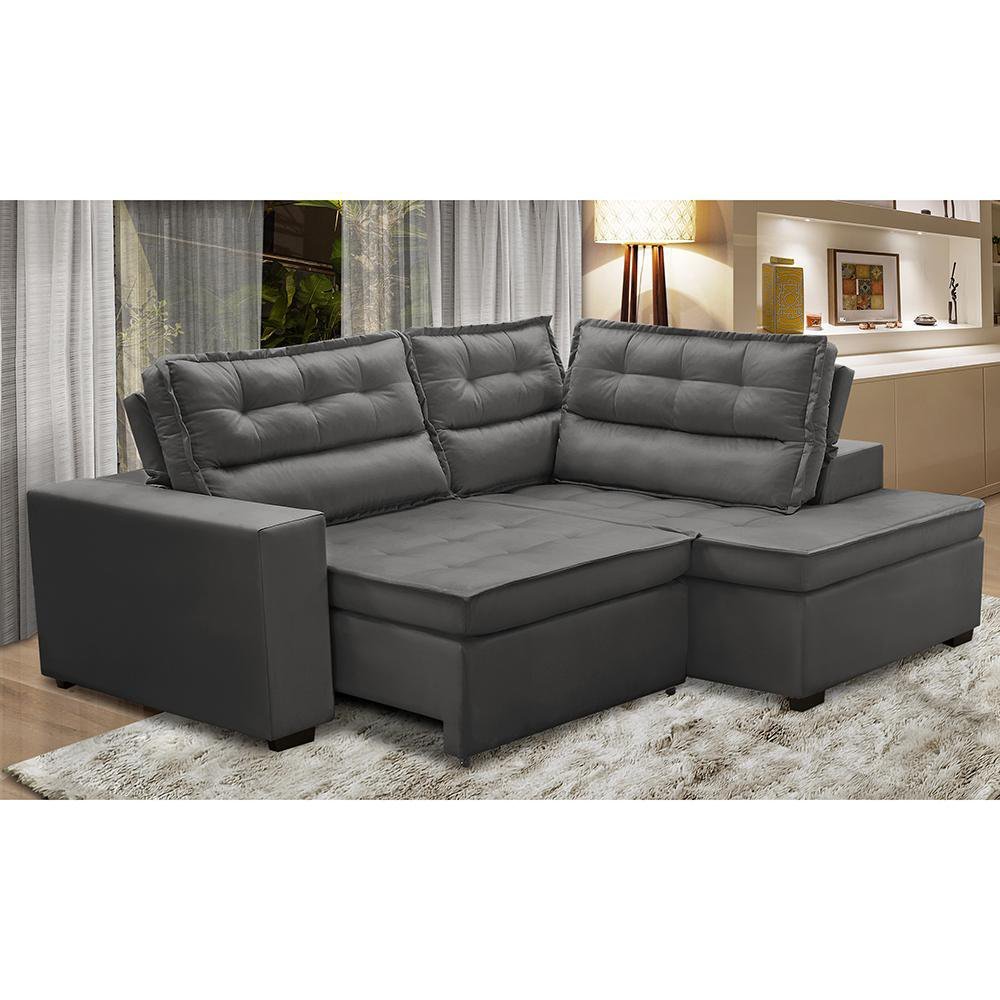 Sofá de Canto Retrátil e Reclinável com Molas LD 2,50x2,00m Viviane Suede Cinza Madelina Decor
