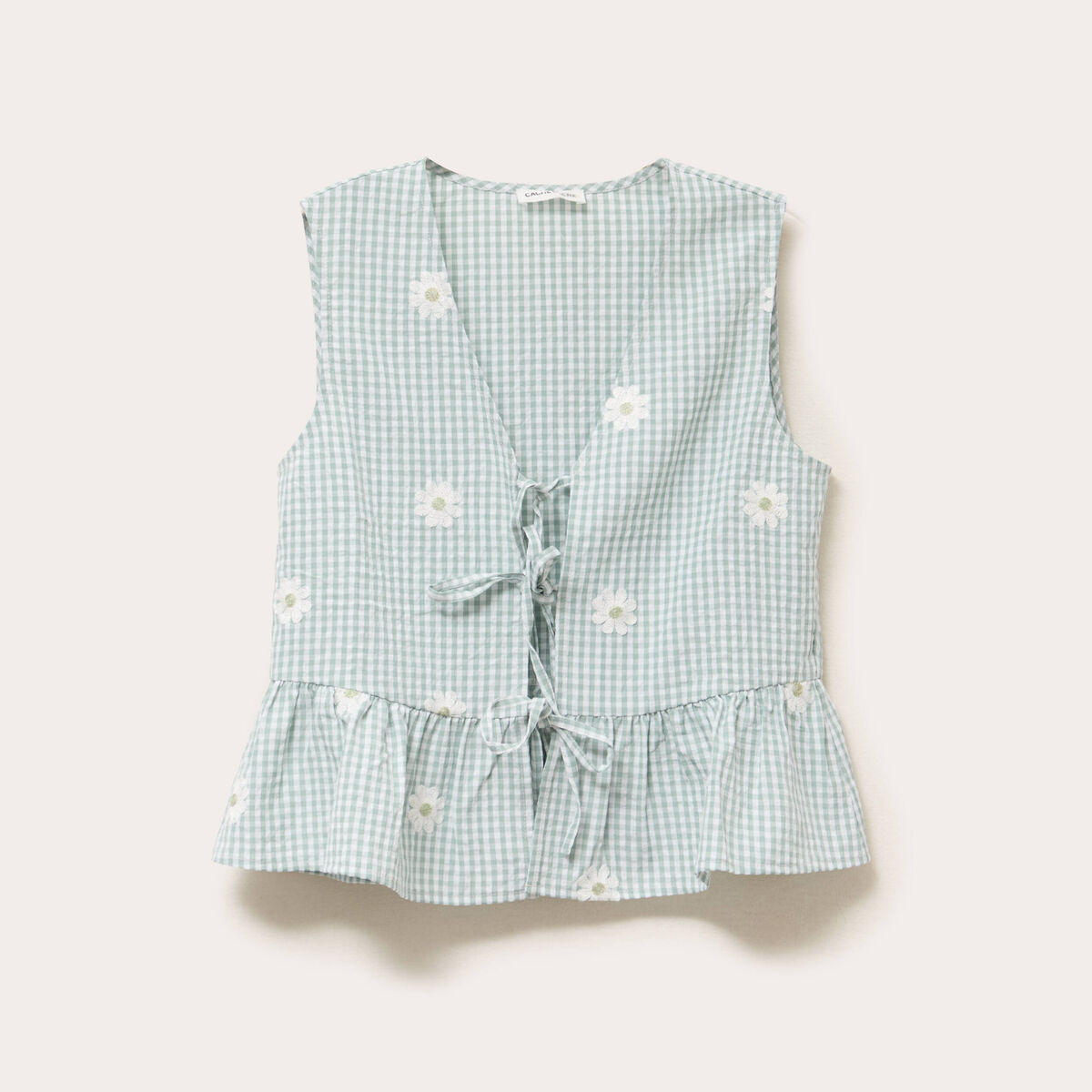 Blouse sans manches col V broderie vert kaki femme