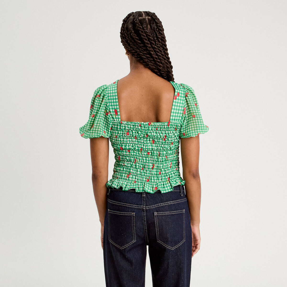 Blouse manches courtes smockée rouge femme