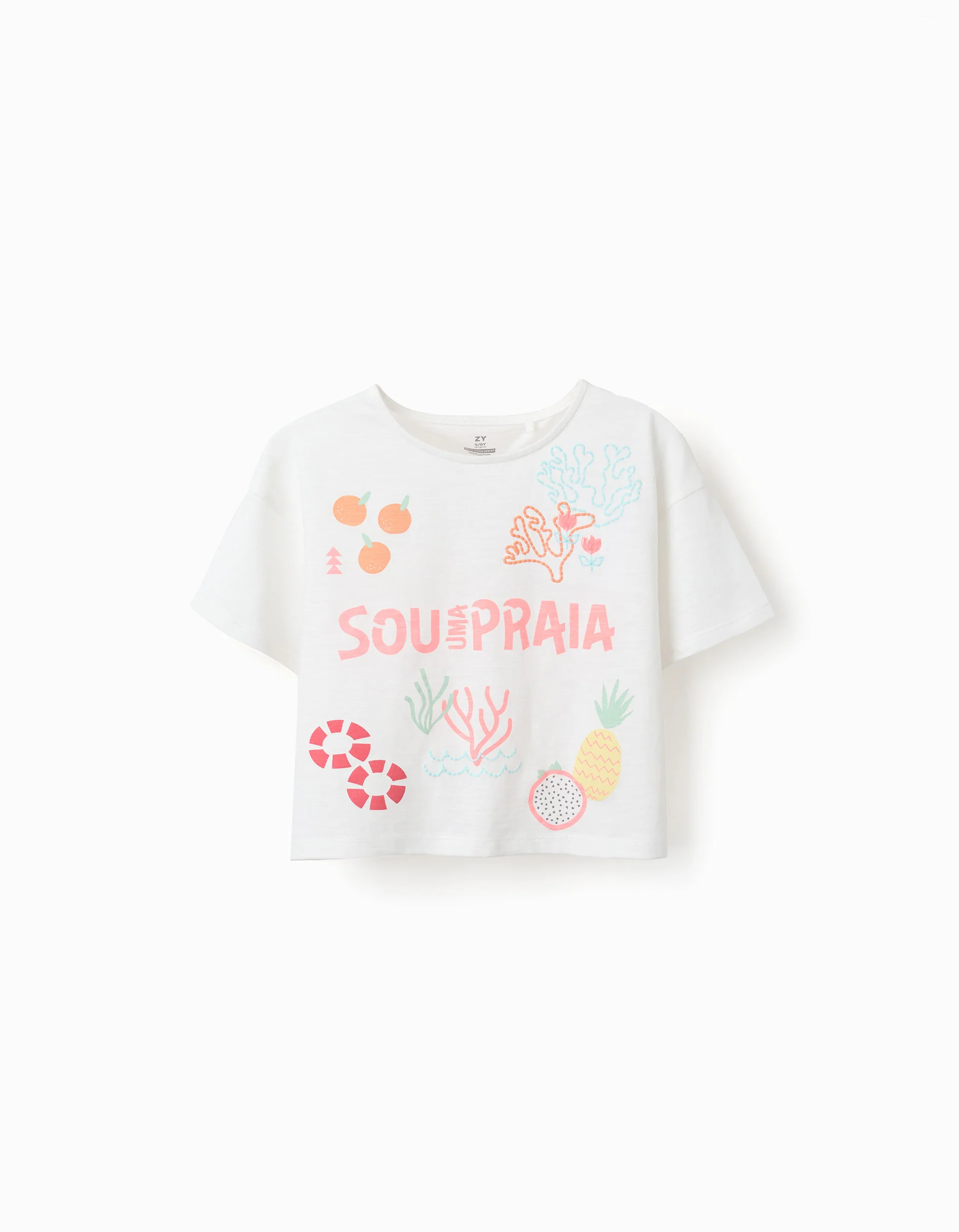 Cropped cotton T-shirt with beach front print for girls, white