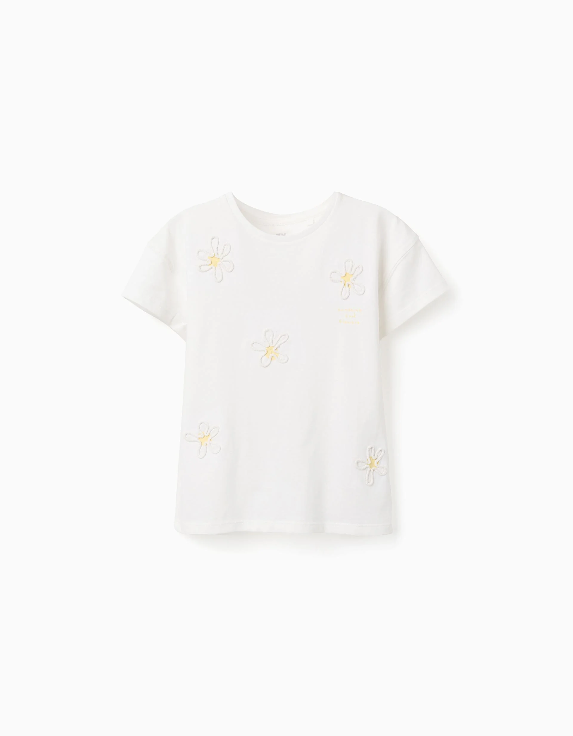 Cotton T-shirt with 3D floral print for girls, white/yellow