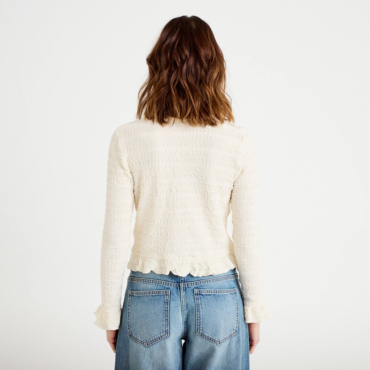 Gilet col rond manches longues ecru femme