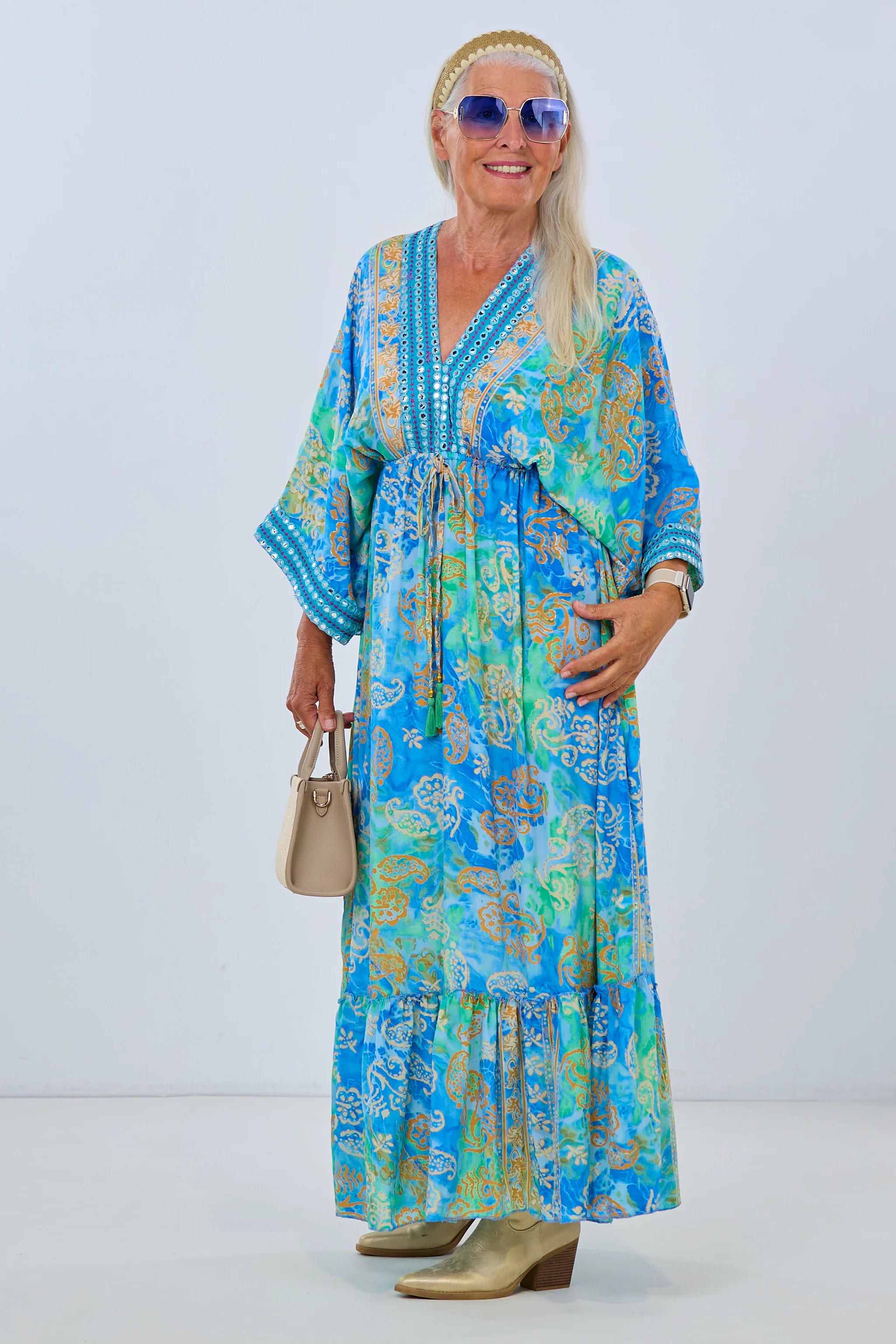Langes Kleid im Boho-Style, blau-grün