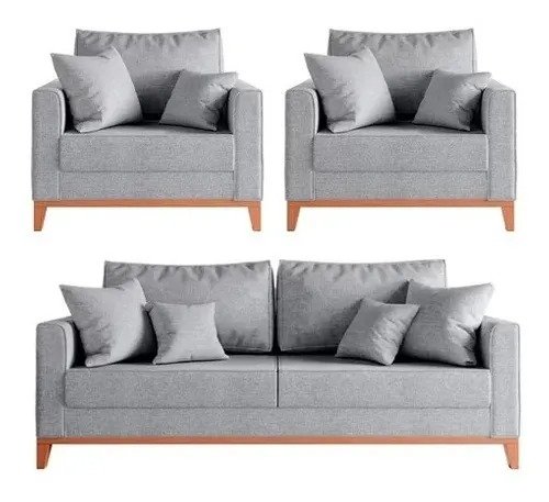 Kit Sofá 3 Lugares e 2 Poltronas Beny com Base de Madeira Linho
