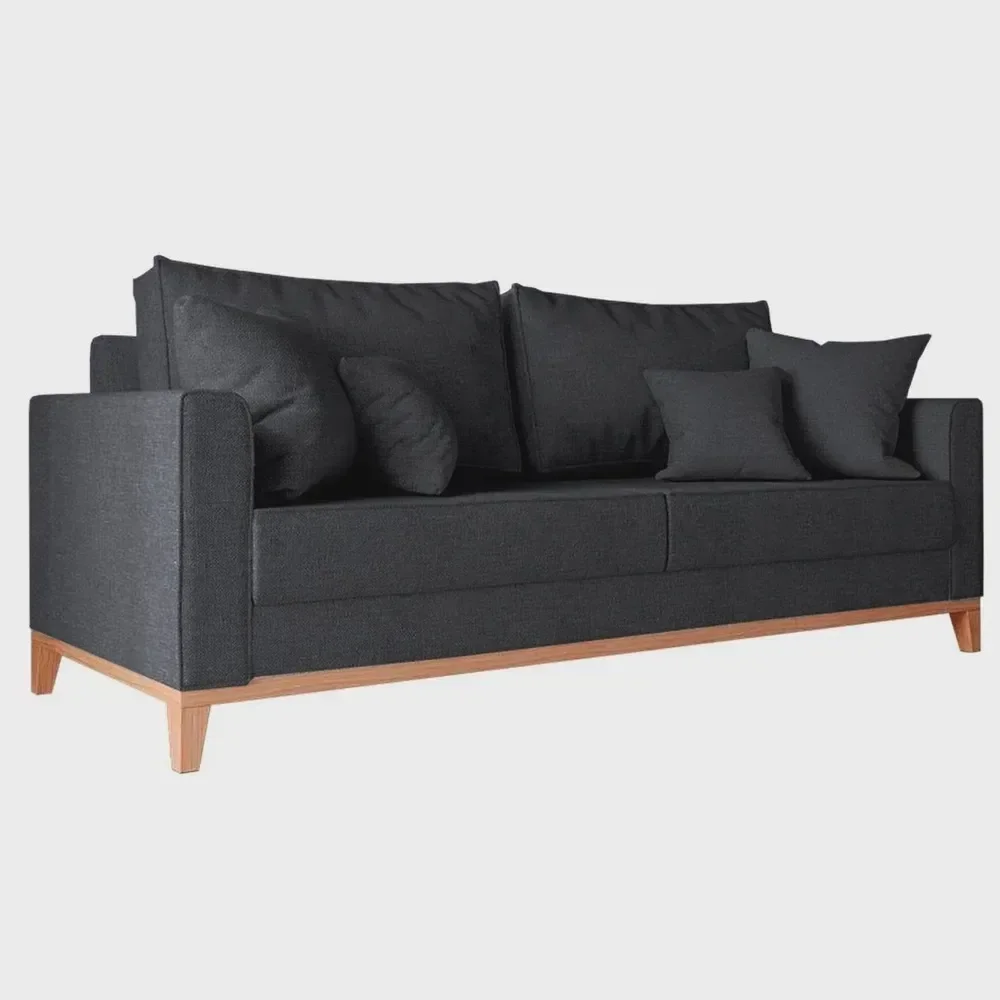 Sofá Beny 3 Lugares com Base de Madeira Élpis Móveis Linho