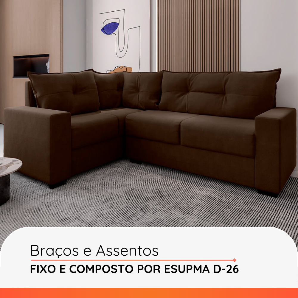 Estofado Sofá de Canto 5 Lugares Veneza com Espuma D-26 e Estrutura de Eucalipto