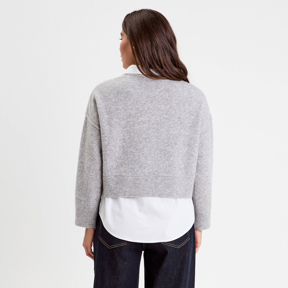 Pull col chemise manches longues gris clair femme