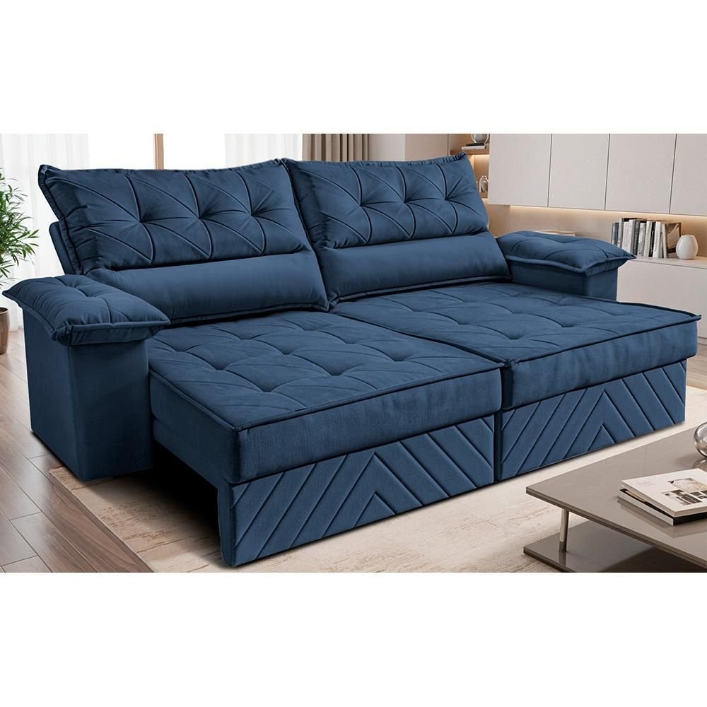 Sofá Retrátil e Reclinável 2,10m com Molas e Espuma D33 Thunder Velusoft Azul Cama Inbox