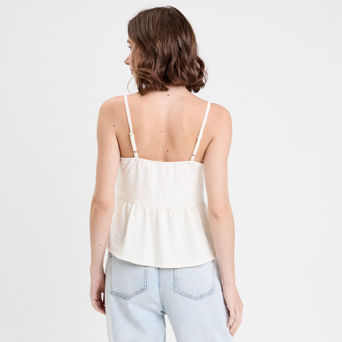 Top droit cropped col v plissé ecru femme