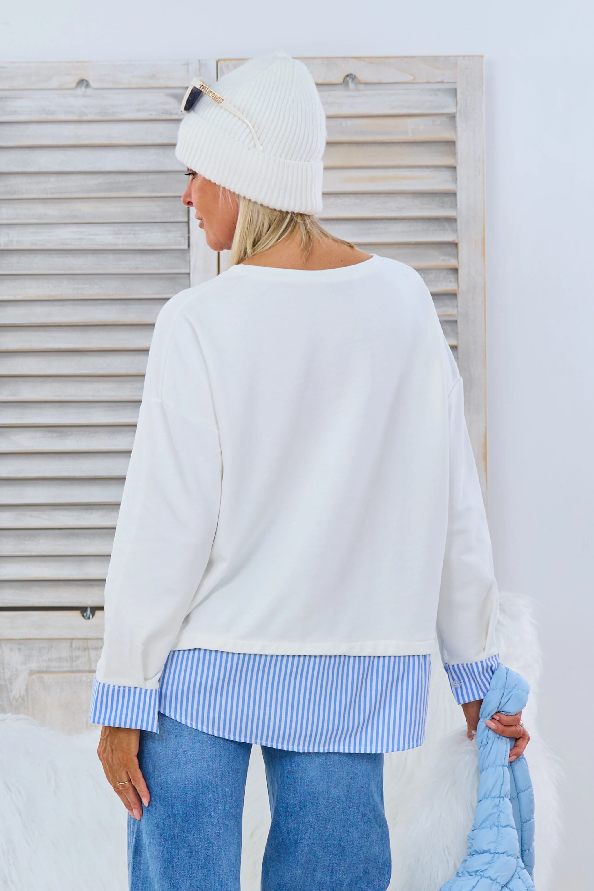 Shirt mit Blusenansatz, ecru-blau/weiß