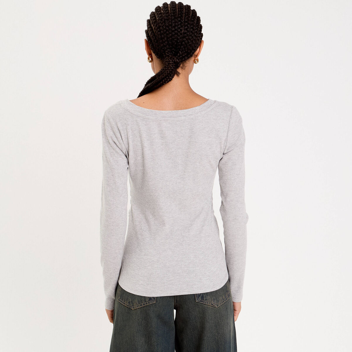 Top ajusté col v manches longues gris clair femme