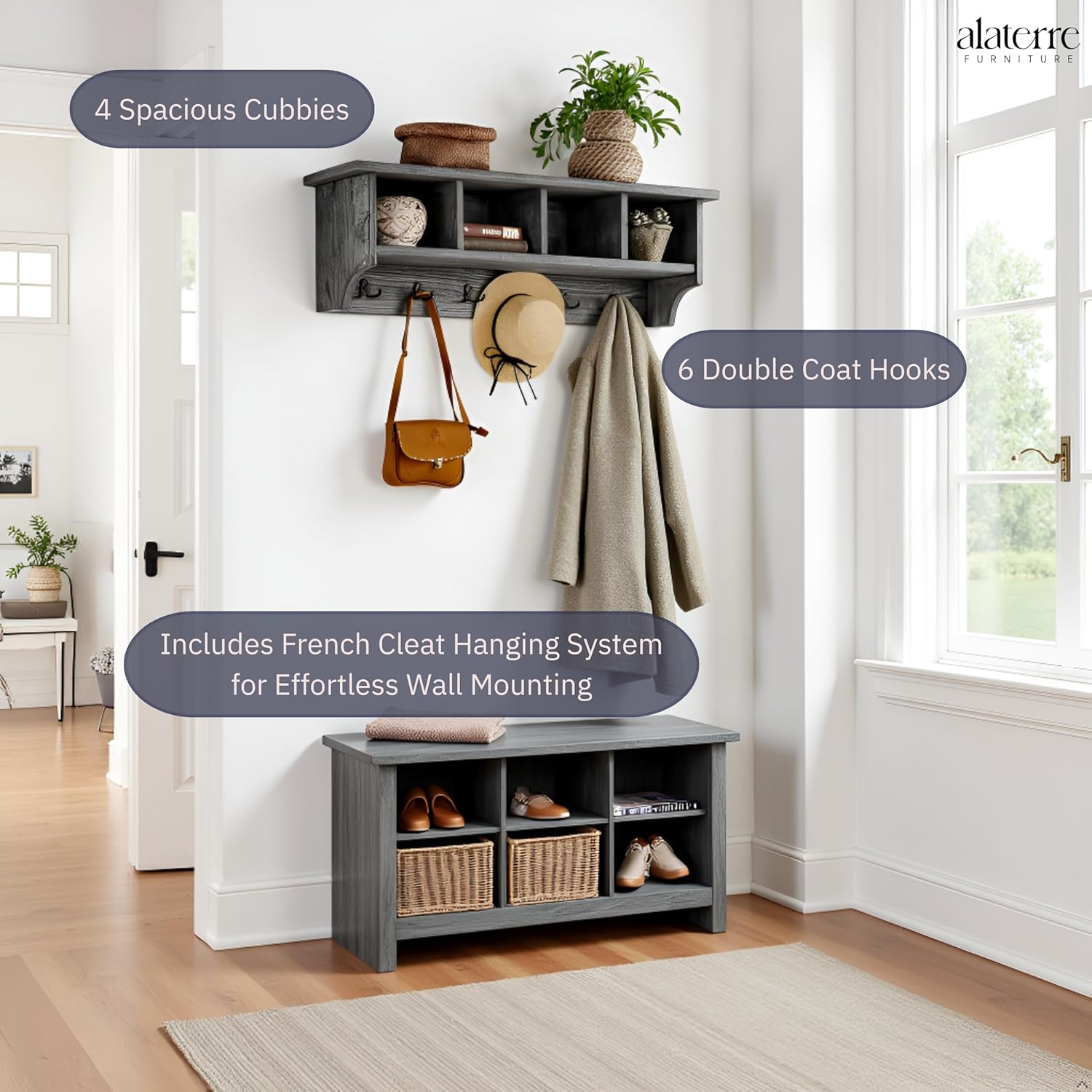 Pomona 48-Inch Wall-Mounted Coat Rack – Solid Wood & Metal Modern Entryway Organizer with 6 Heavy-Duty Hooks and 4 Open Cubbies for Mudroom, Hallway, Apartment, or Office Storage by Alaterre Furniture