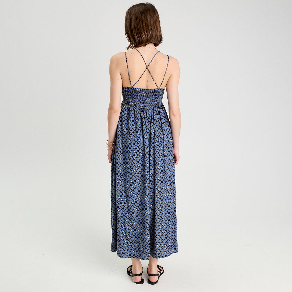 Robe longue évasée bretelles bleu pétrole femme