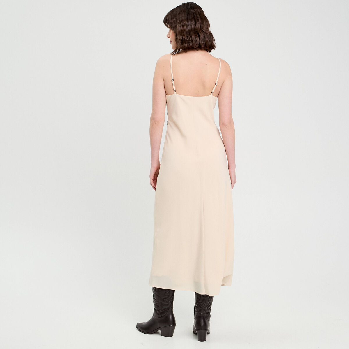 Robe longue ajustée dentelle sable femme