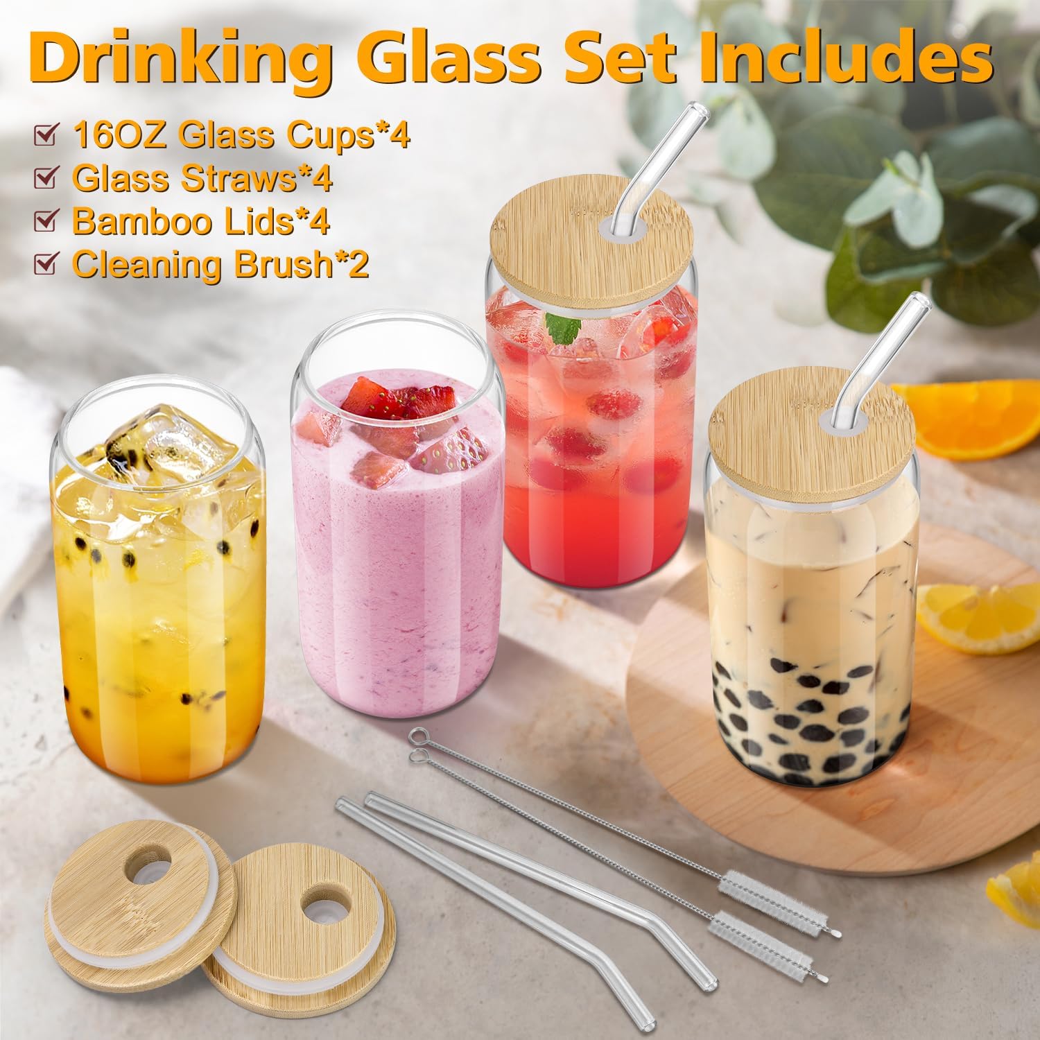 4PCS Glass Cups with Bamboo Lids and Straws  16OZ Ice Coffee Cup  Drinking Cup set with Wooden Lids  Home Essential Glass Tumblers for Beer  Cocktail  Tea and Latte Clear